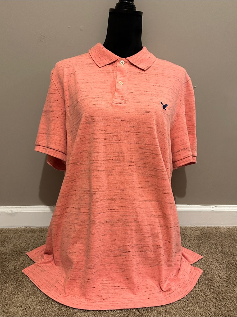 American Eagle Outfitters Men's Coral Heather Polo with Navy Logo